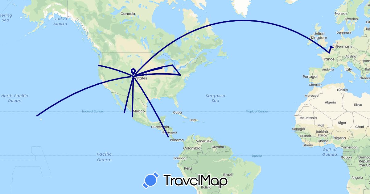 TravelMap itinerary: driving in Belgium, Costa Rica, France, Mexico, United States (Europe, North America)